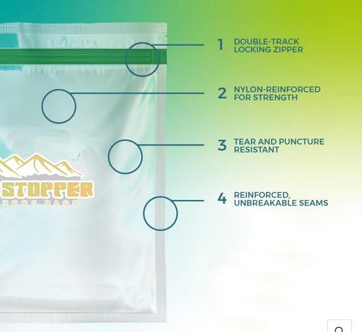 The Ultralight Hiker Scent Stopper Odourproof Food Bag with a green zipper is shown, highlighting its double-track locking zipper, nylon-reinforced strength, tear and puncture resistance, and unbreakable reinforced seams.