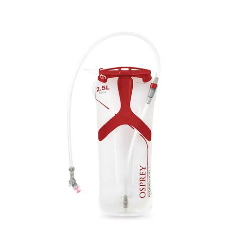 The Osprey Hydraulics LT Res 2.5L is a transparent, BPA-free hydration reservoir with red accents, twin baffles for stability, a carrying handle, and an attached hose with bite valve.
