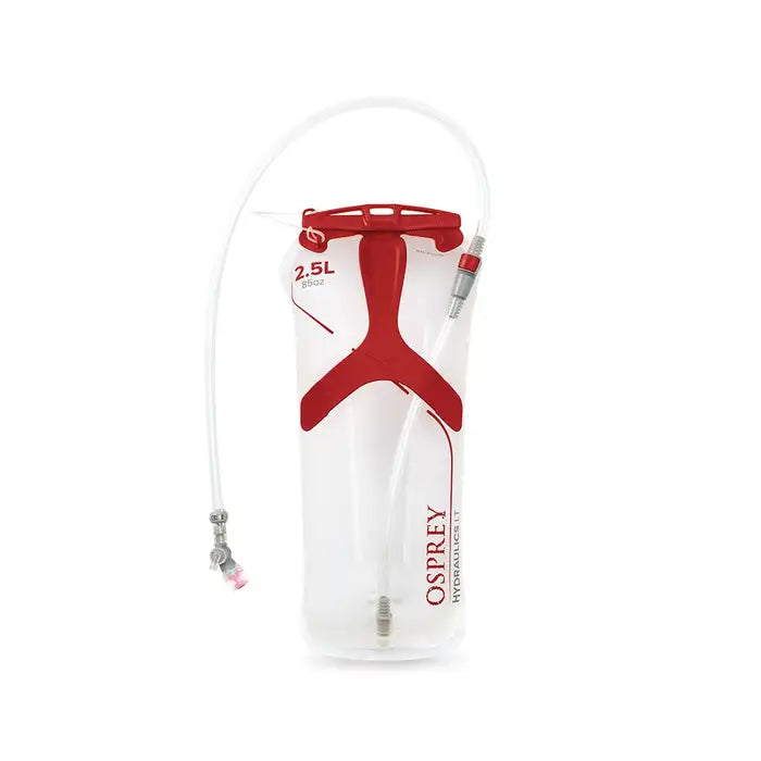 The Osprey Hydraulics LT Res 2.5L is a transparent, BPA-free hydration reservoir with red accents, twin baffles for stability, a carrying handle, and an attached hose with bite valve.